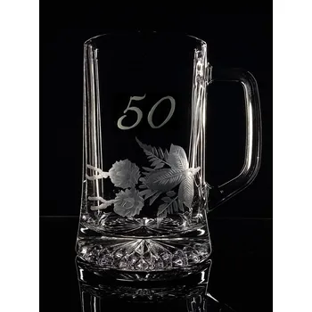 Sklenice Půllitr s chmelem k 50 narozeninám - ručně ryté (broušené)