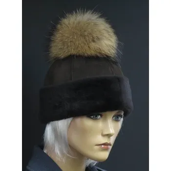 Čepice Splus Dámská kožešinová čepice s bambulí z mývalovce - 4345 hnědá Velikost: 56 cm