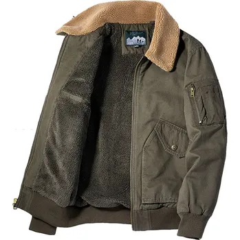 Pánský kabát Pánská bunda s kapsami, kožešinovým límečkem a fleecem Barva: Zelená, Velikost: 5XL