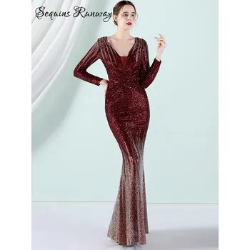 Dámské šaty Maxi plesové šaty Sequins SQ686 Barva: Vínová, Velikost: L