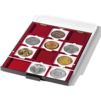 Obal pro sběratelský předmět Leuchtturm Mincovní box MB Leuchtturm, čtvercové přihrádky Velikost otvoru: 67 x 67 mm (12 polí)