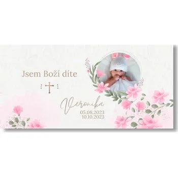 Personal Banner na křtiny s fotkou - Pink Flowers Rozměr banner: 130 x 260 cm