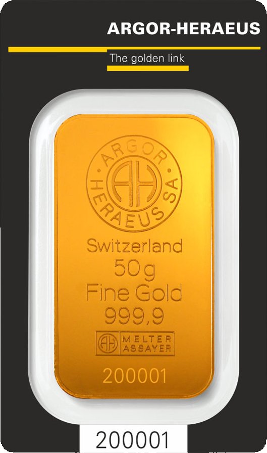 Zlatý slitek 50 g Argor-Heraeus | 999,9 Au (24 kt) | LBMA
