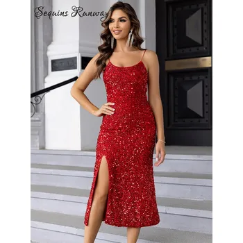 Dámské šaty Maxi párty šaty Sequins SQ800 Barva: Červená, Velikost: XS