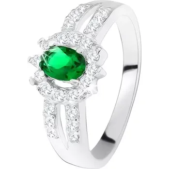 Prsten Prsten ze stříbra 925, tmavě zelený kamínek, rozdvojená zdobená ramena - Velikost: 54