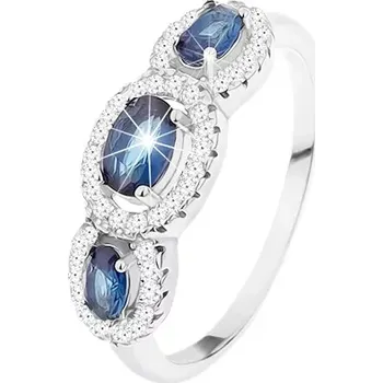 Prsten Prsten ze stříbra 925, tři tmavomodré oválné zirkony v čirých konturách - Velikost: 50