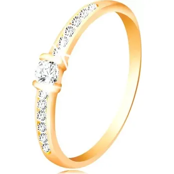 Prsten Zlatý prsten 14K - čirá třpytivá ramena, vyvýšený kulatý zirkon čiré barvy - Velikost: 62