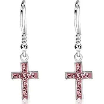 Náušnice Visící náušnice ze stříbra 925 - křížek s růžovými zirkony