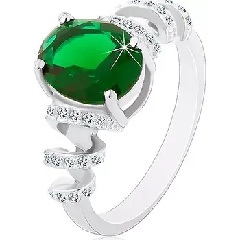 Prsten Zásnubní rhodiovaný prsten, stříbro 925, oválný zelený zirkon, blýskavé spirály - Velikost: 69