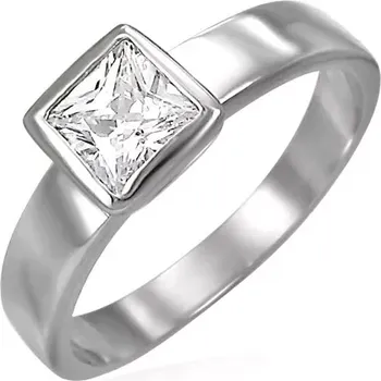 Prsten Ocelový prsten stříbrné barvy, čirý čtvercový zirkon v objímce - Velikost: 49