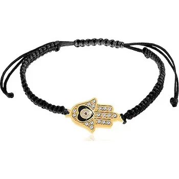 Náramek Šňůrkový náramek na ruku černé barvy, symbol Hamsa, čiré zirkony, srdíčko