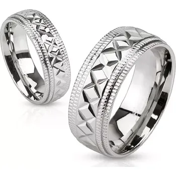 Prsten Lesklý ocelový prsten stříbrné barvy, vroubky a geometrické zářezy, 8 mm - Velikost: 67