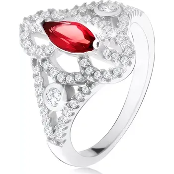 Prsten Stříbrný 925 prsten, zrníčkovitý červený kámen, vyřezávaná zirkonová ramena - Velikost: 50