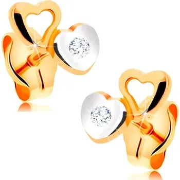 Náušnice Náušnice ze 14K zlata - drobná dvoubarevná srdíčka, zirkon čiré barvy