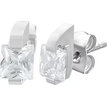 Náušnice Ocelové náušnice stříbrné barvy - čirý zirkon v obdélníku