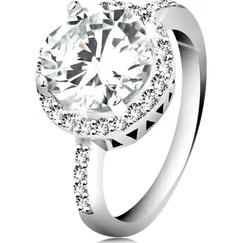 Prsten Stříbrný prsten 925, kulatý broušený zirkon, čirý zirkonový lem - Velikost: 56