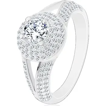 Prsten Stříbrný prsten 925 - zásnubní, rozdělená ramena, zářivý kruh se zirkonem - Velikost: 50