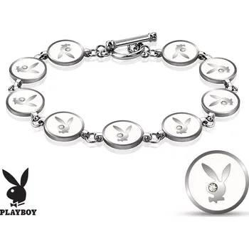 Náramek Ocelový náramek stříbrné barvy, bílá kolečka se zajíčkem Playboy, zirkonky