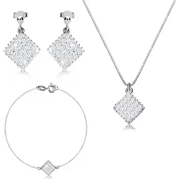 Souprava šperků Trojset ze stříbra 925 - vroubkovaný kosočtverec se zirkony, hranatý řetízek