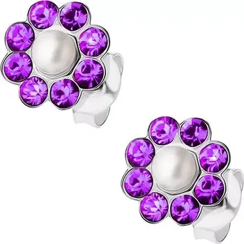 Náušnice Stříbrné náušnice 925, perlička, fialové krystalky Preciosa - kvítek