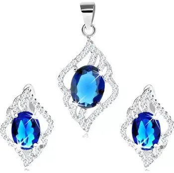 Souprava šperků Sada přívěsku a náušnic ze stříbra 925, čirá kontura listu, modrý zirkon