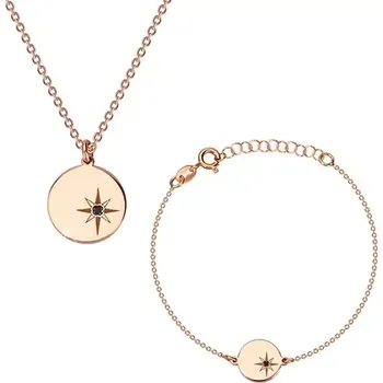 Souprava šperků Stříbrná sada 925, růžovozlatý odstín - náramek a náhrdelník, kruh, Polárka a diamant