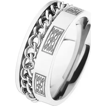 Prsten Ocelový prsten s řetízkem, stříbrná barva, ornamenty - Velikost: 67