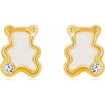 Náušnice Náušnice ze žlutého 14K zlata - medvídek s přírodní perletí a zirkonem