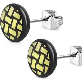 Náušnice Náušnice z chirurgické oceli - černý kroužek, vyplétaný motiv žluté barvy, 7 mm
