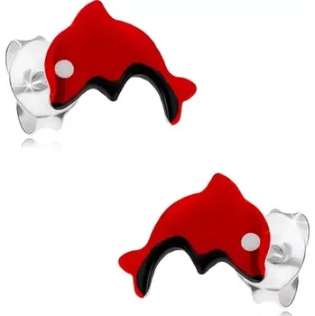 Náušnice Puzetové náušnice ze stříbra 925, červený skákající delfínek, glazura