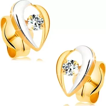 Náušnice Náušnice ze 14K zlata - zahnuté linie lemující čirý diamant, dvoubarevné