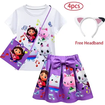 Gabby's Dollhouse Dívčí letní set tričko + sukýnka s potiskem na motivy oblíbeného seriálu "Gabby's Dollhouse" Barva: Fialová, Velikost: 150