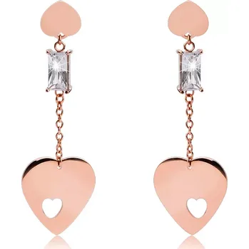 Náušnice Visací srdíčkové náušnice z chirurgické oceli měděné barvy s čirým krystalem