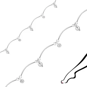 Náramek Náramek na kotník ze stříbra 925 - kuličky, čiré zirkony v objímce, tenké obdélníkové linie