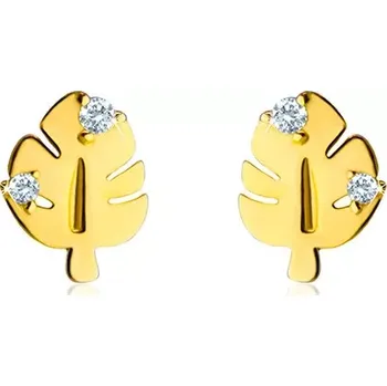 Náušnice Diamantové náušnice ze zlata 585 - lesklý list Monstera se zářezy a stonkem, dva čiré brilianty