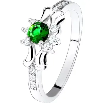 Prsten Prsten - stříbro 925, zelený kulatý zirkon, tři čiré kamínky, ozdobená ramena - Velikost: 61