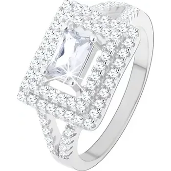 Prsten Prsten, stříbro 925, čirý zirkon - obdélník, třpytivý lem, rozdvojená ramena - Velikost: 56