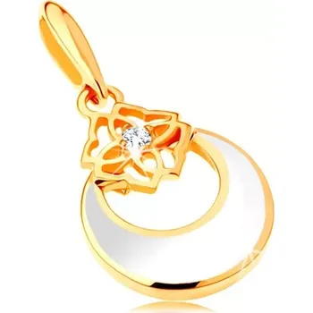 Přívěsek Zlatý přívěsek 585 - kruh s výřezem a bílou glazurou, ornament, zirkon