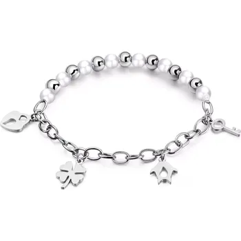 Náramek Navlékací ocelový náramek - lesklé kuličky, oválná očka, přívěsky, stříbrná barva