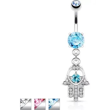 Piercing Piercing do pupíku z chirurgické oceli, ruka Hamsa s výřezem ve tvaru srdce a se zirkony - Barva zirkonu: Růžová - P