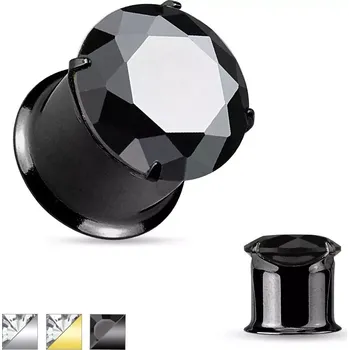 Piercing Ocelový tunel do ucha, lesklý hladký povrch, třpytivý zirkon - Tloušťka : 10 mm, Barva piercing: Stříbrná