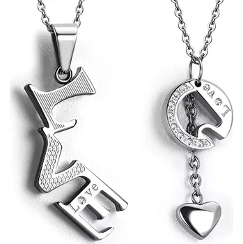 Přívěsek Ocelové přívěsky pro pár - rozdělený nápis "LOVE", srdíčko na řetízku, zirkony