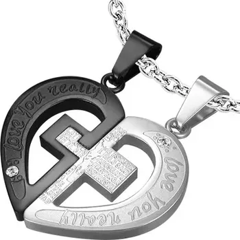 Přívěsek Přívěsek pro pár, ocel 316L, stříbrný a černý odstín, srdce, kříž