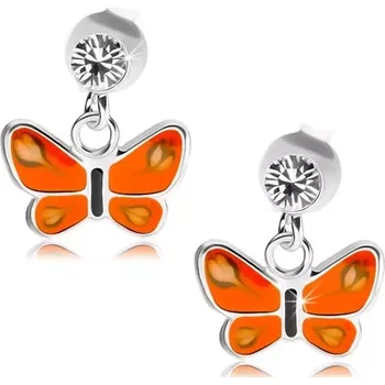 Náušnice Puzetové náušnice, stříbro 925, čirý krystal, motýl s oranžovými křídly