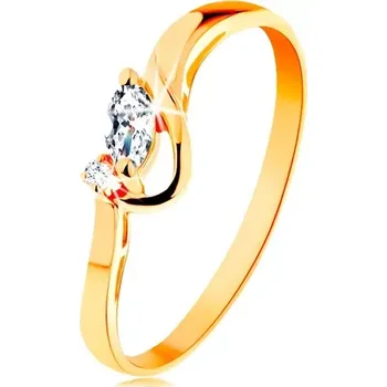 Prsten Zlatý prsten 585 - čiré broušené zrnko a kulatý zirkonek, lesklý oblouk - Velikost: 49