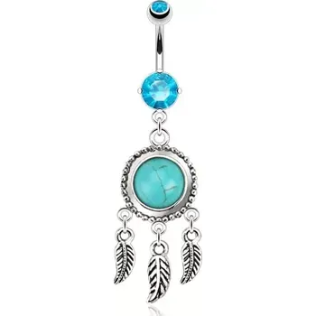 Piercing Ocelový piercing do břicha, lapač snů s tyrkysovým kamínkem, pírka