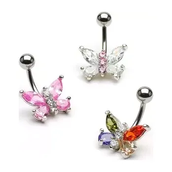 Piercing Piercing do pupíku z oceli, barevný zirkonový motýl - Barva zirkonu: Růžová - Čirá