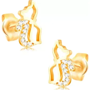 Náušnice Náušnice ze žlutého 14K zlata - lesklý obrys kočky se zirkonovým ocáskem