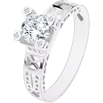Prsten Zásnubní prsten - stříbro 925, výřezy na ramenech, čirý zirkon v ozdobném kotlíku - Velikost: 50
