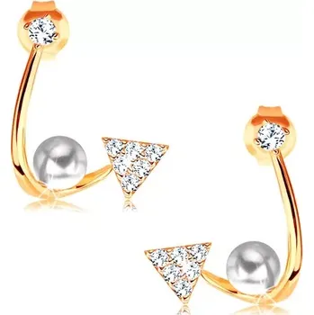Náušnice Zlaté náušnice 585 - lesklá zahnutá linie, blýskavý trojúhelník, perla a zirkon
